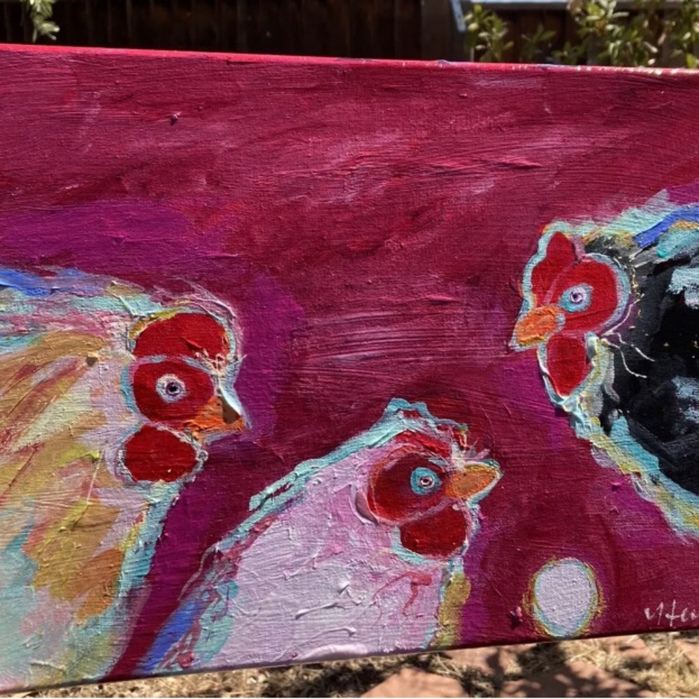 Three Chickens And An Egg””An Acrylic Original Painting 16”x12” On Canvas - Picture 3 of 14
